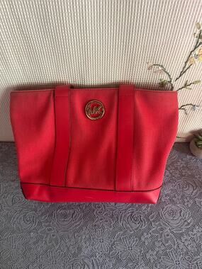 Michael Kors Red Woven Canvas Leather Tote Bag Gold MK Medallion Signature